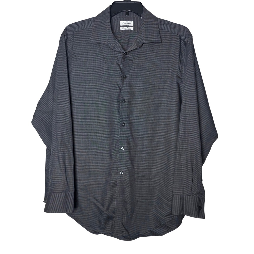 Calvin Klein Mens Slim Fit Non Iron Dress Shirt Grey Check 17.5 34/35 Cotton
